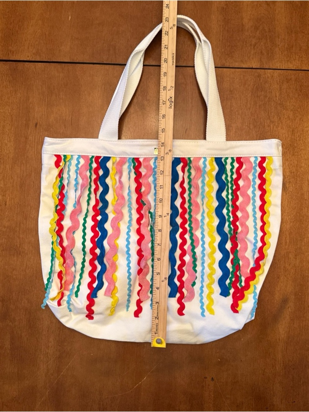 Packed Party Canvas Tote Colorful Ric Rac Fringe White Canvas Magnetic Snap - Picture 4 of 10